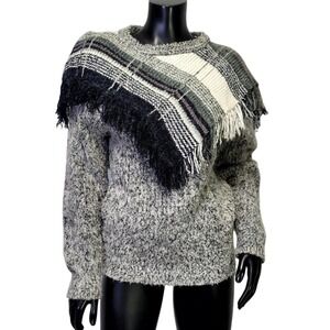 Mariea Kim Vintage Korean Fringed‎ Poncho Marled Knit Sweater Grey Black M